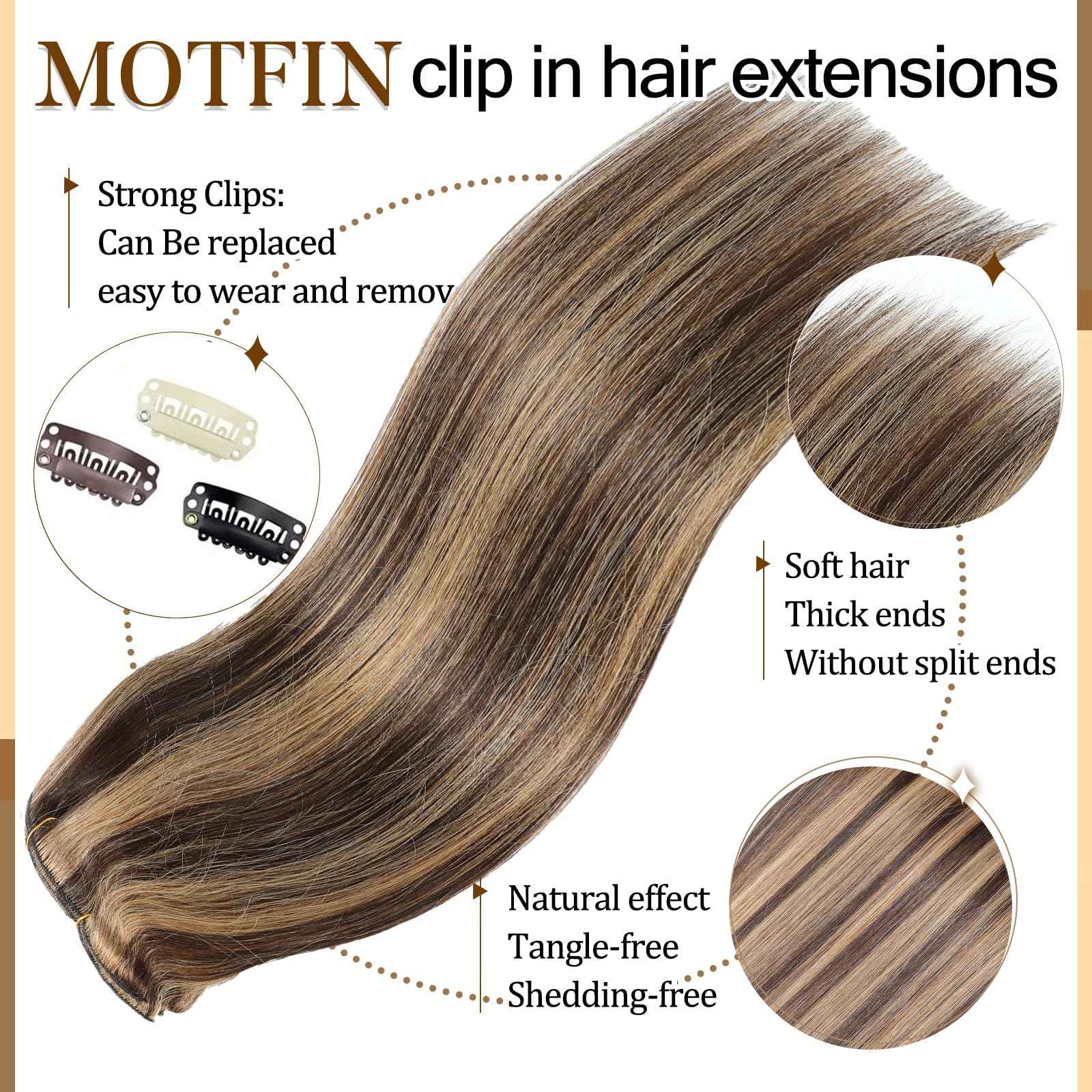 Clip in Hair Extensions Real Human Hair, 14 inch 80g, Balayage Invisible Remy Human hair Clip in Extensions for Women Seamless Straight 8Pcs Double Weft Dark Brown to Chestnut Brown