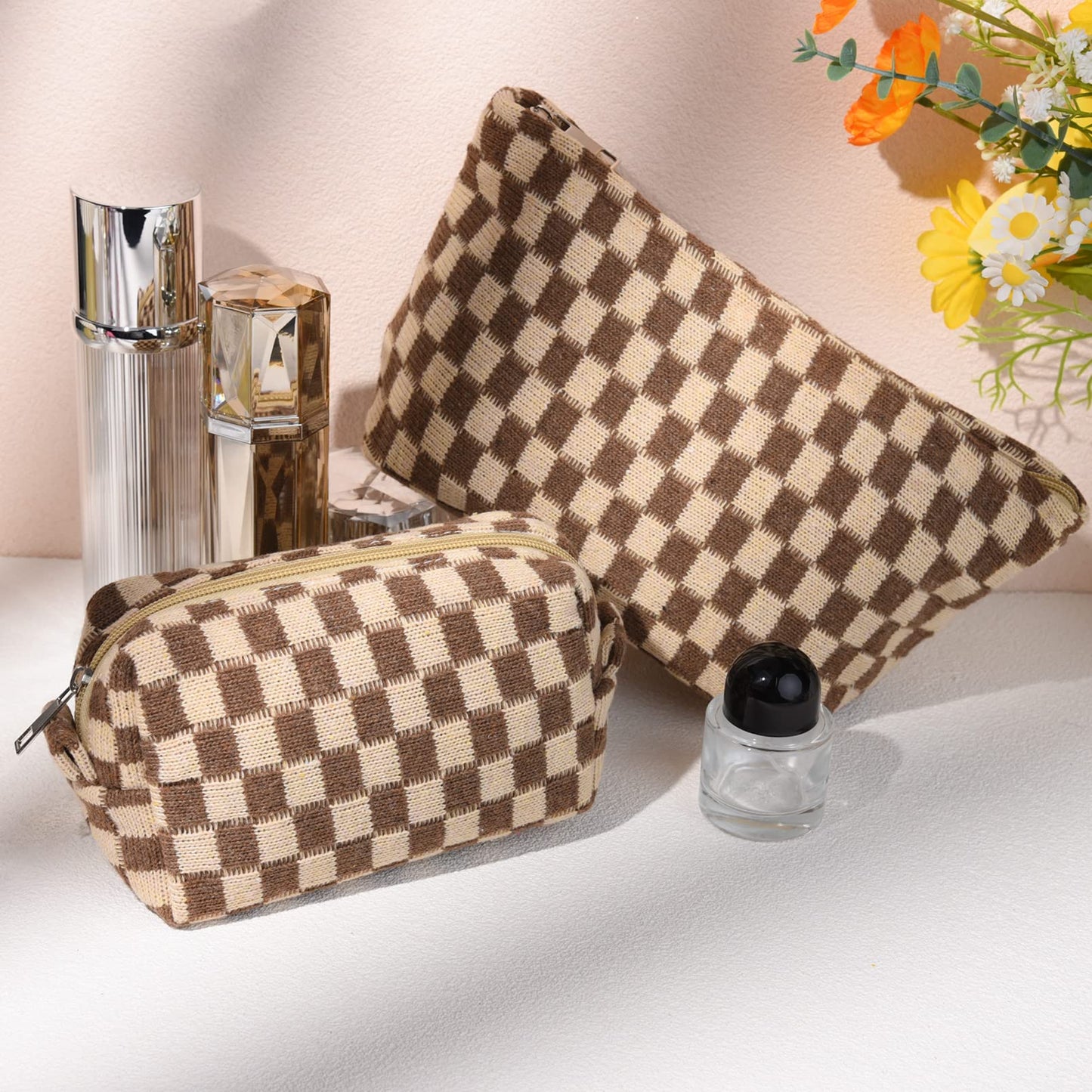 SOIDRAM 2 Pieces Makeup Bag Large Checkered Cosmetic Bag Brown Capacity Canvas Travel Toiletry Bag Organizer Cute Makeup Brushes Aesthetic Accessories Storage Bag for Women