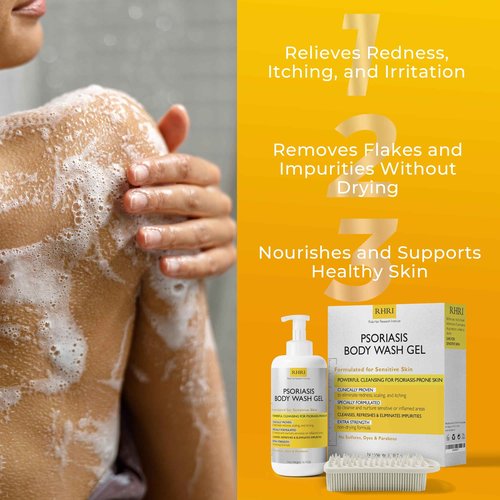 Body Wash | Psoriasis Treatment For Skin | Psoriasis Body Gel | Foaming Cleanser For Dry, Itchy, Red, Flaky, Scaly Skin w/Scrubber