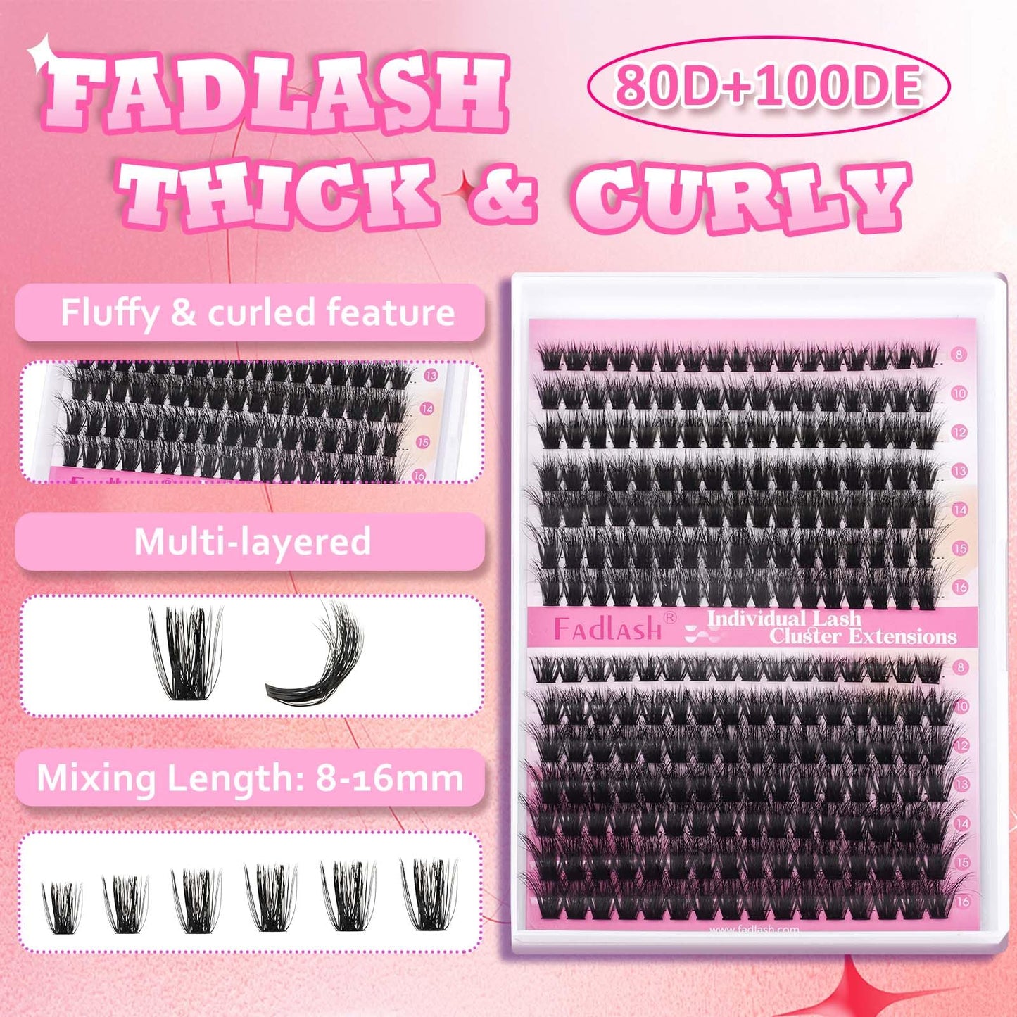 FADLASH Lash Extension Kit 80D+100D Lash Clusters D Curl Lash Cluster Kit DIY Eyelash Extension Kit with Lash Bond and Seal Lash Tweezers 3D Effect fluffy Cluster Lashes(80+100D Kit, Mix 8-16mm)