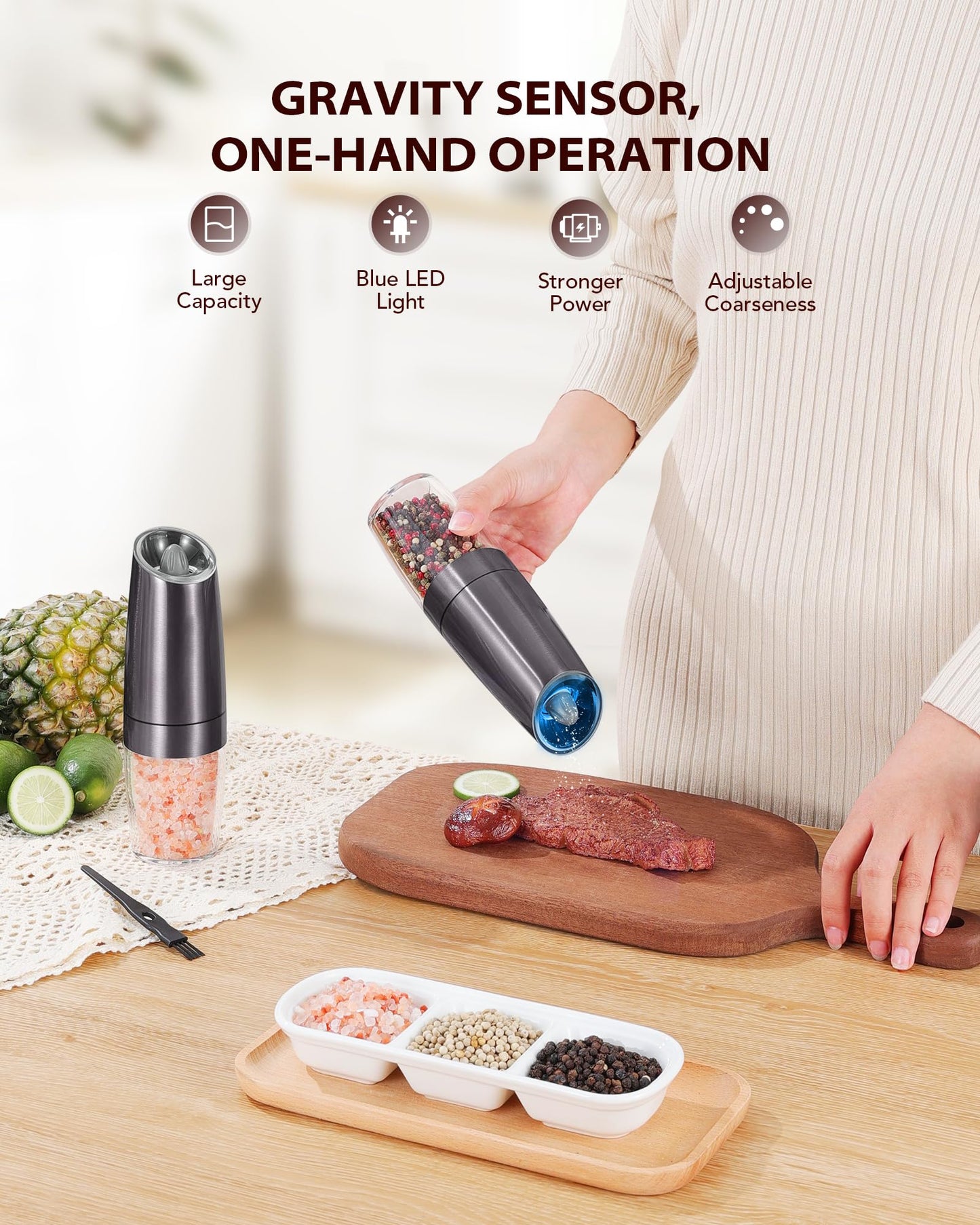 Sangcon Gravity Electric Salt and Pepper Grinder Set Automatic Shakers Mill Grinder with LED Light, Battery Powered Adjustable Coarseness One Hand Operation, Upgraded Larger Capacity