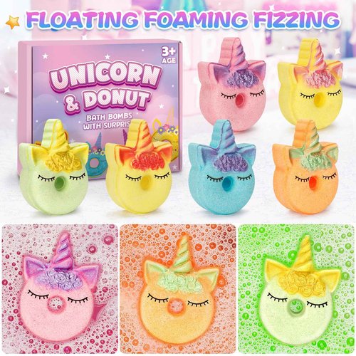 Bath Bombs for Girls,6 Packs Unicorn Donut Bubble Bath Bathbombs with Surprise Toys Inside, Bath Toys for Kids Age 4-8, Birthday Christmas Basket Stuffer Gifts for Girls 3 4 5 6 7 8