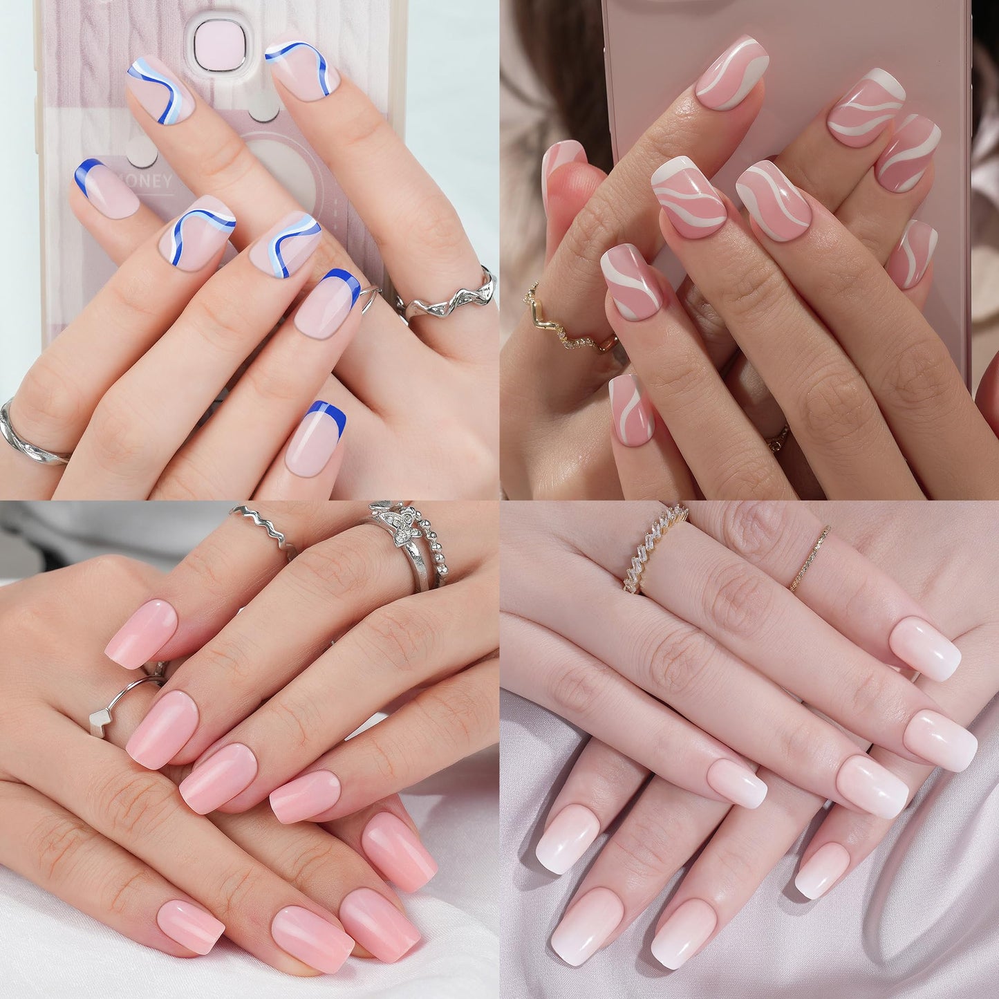 Jofay Fashion Short Press On Nails, 240pcs Ombre Solid Short Square Fake Nails, Acrylic Nail Kit, French Tip Press on Nails, Glue on Nails with Brush on Nail Glue, Nail File, Buffer