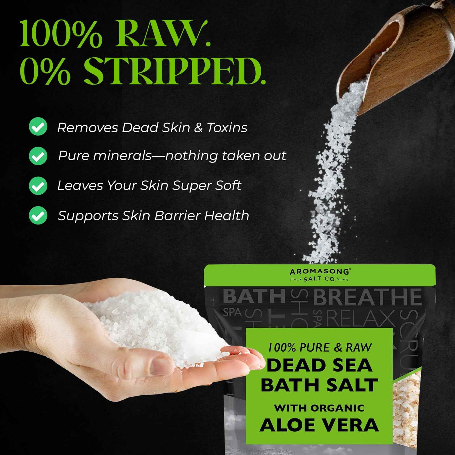 Aromasong 5 lbs Raw Dead Sea Salt with Organic Aloe Vera, not Cleaned, Still Contains All Dead sea Minerals Including Dead sea Mud, Fine Medium Grain Large resealable Bulk Pack (Packaging May Vary)