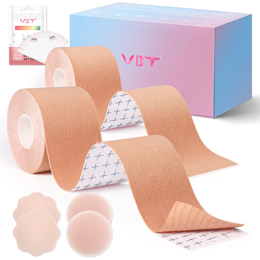 VBT 2 Pack Boob Tape - Breast Lift Tape, Body Tape for Breast Lift w 2 Pcs Silicone Breast Reusable Adhesive Bra& 2 Pcs Fabric Nipple Covers, Bob Tape for Large Breasts A-G Cup, Nude