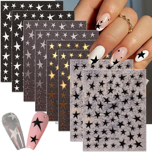 3D Star Nail Art Stickers Decals DIY Self-Adhesive Glitter Shiny Geometry Star Nail Art Gold Silver White Black Stars Nail Design Acrylic Nails Art Supplies for Women Foil Nail Decorations 8Sheets