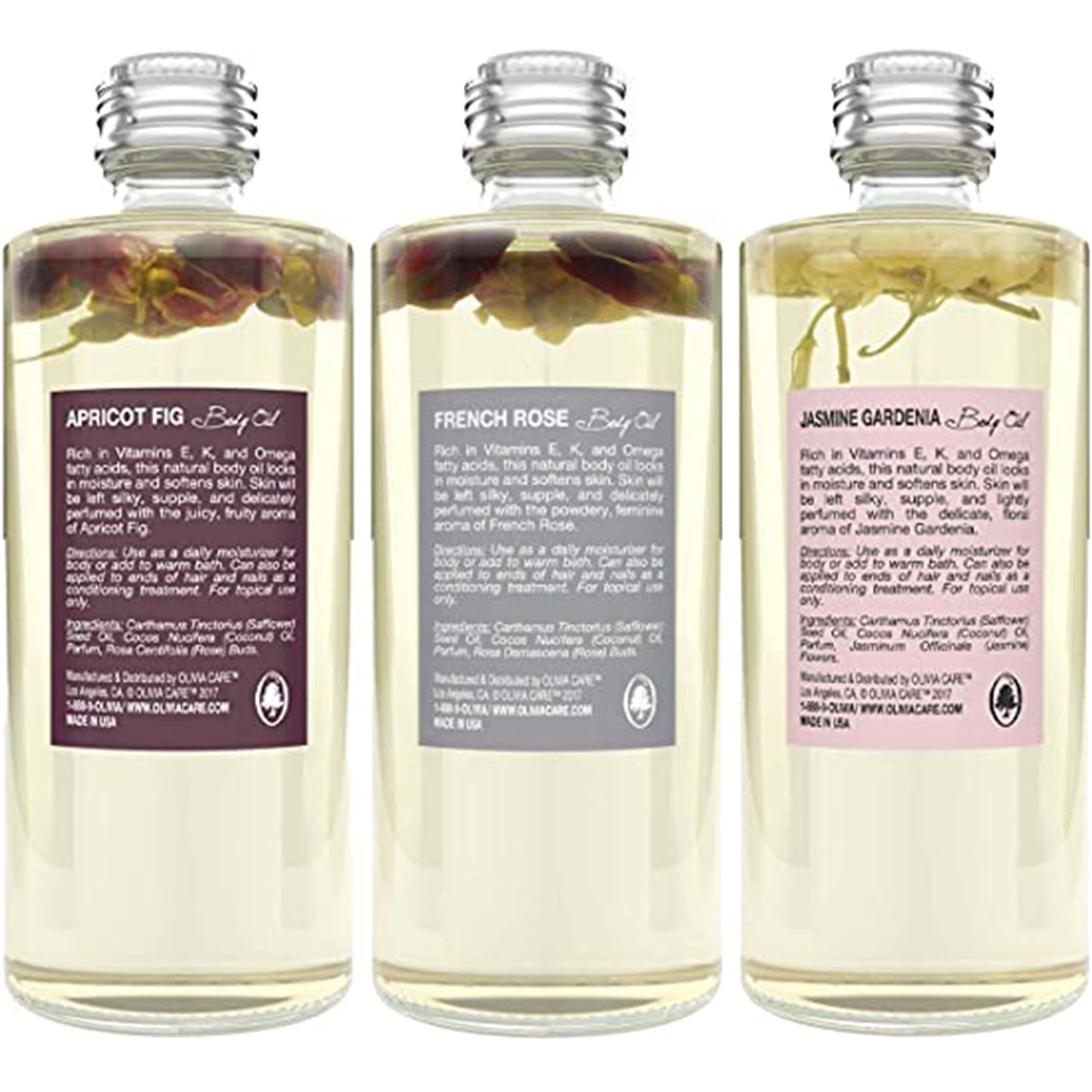 Olivia Care 3 Pack Body Oils: Apricot Fig, French Rose, Jasmine Gardenia - Natural Perfume Oils For Women & After Bath Oils Body Moisturizers, Rich in Vitamin E, K, & Omega (3 Scents)