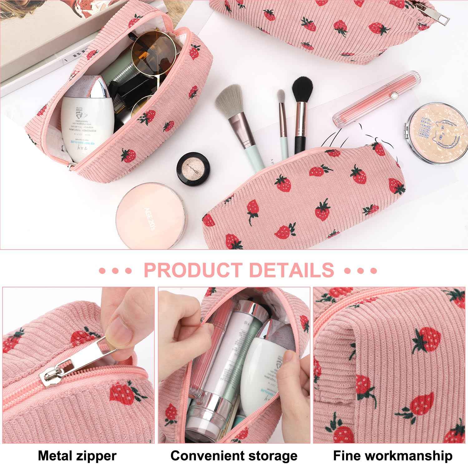 EIMMBD Makeup Bag 3 Pieces Large Capacity Cosmetic Bags Travel Toiletry Bag Organizer Cute Makeup Pouch Storage for Women(Pink Strawberry)