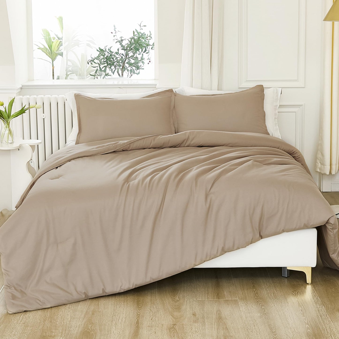 Litanika Taupe Tan Twin/Twin XL Comforter Set, 2 Pieces Solid Bedding Comforter Set, All Season Fluffy Bed Set (66x90In Comforter & 1 Pillowcase)