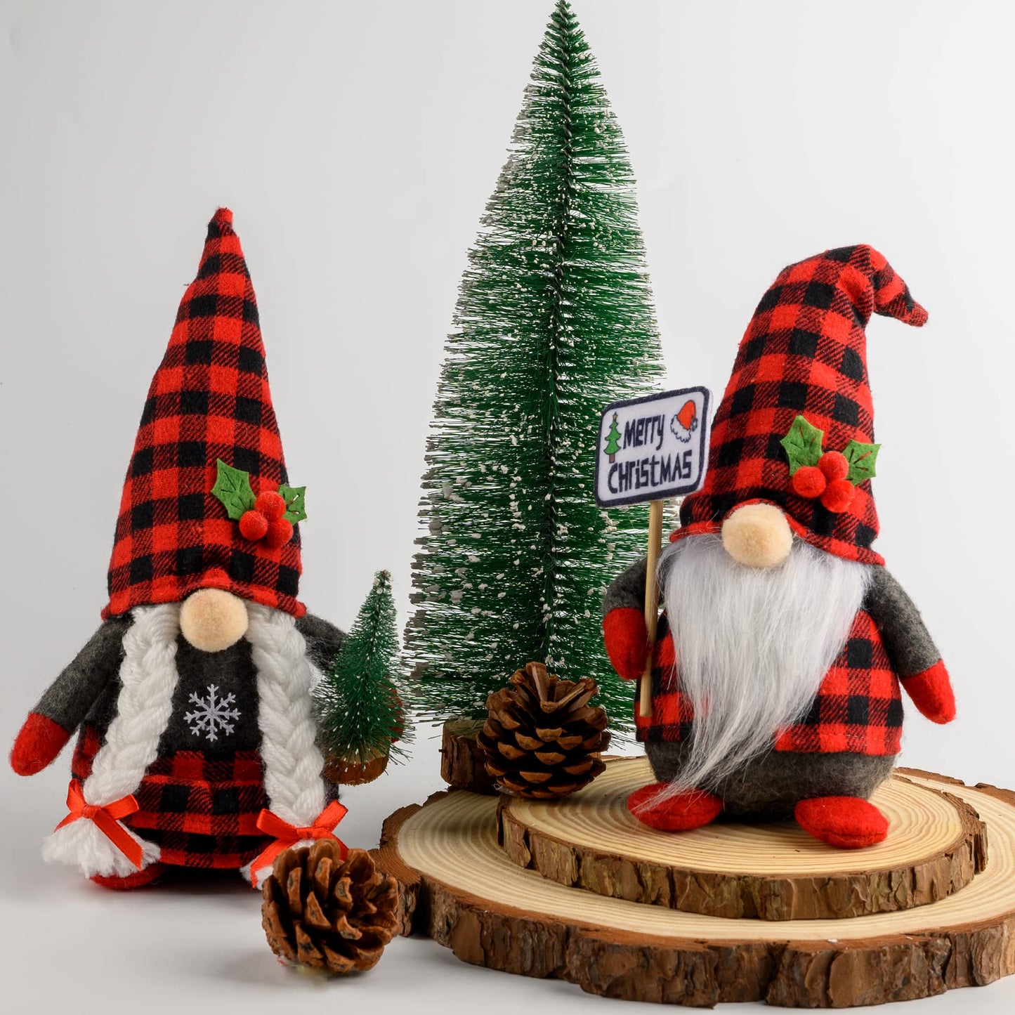 D-FantiX 2Pack Christmas Gnomes Plush with Christmas Sign and Xmas Tree, Handmade Swedish Tomte Santa Scandinavian Figurine Nordic Plush Elf Doll Gnome Christmas Decorations Ornaments Home Decor