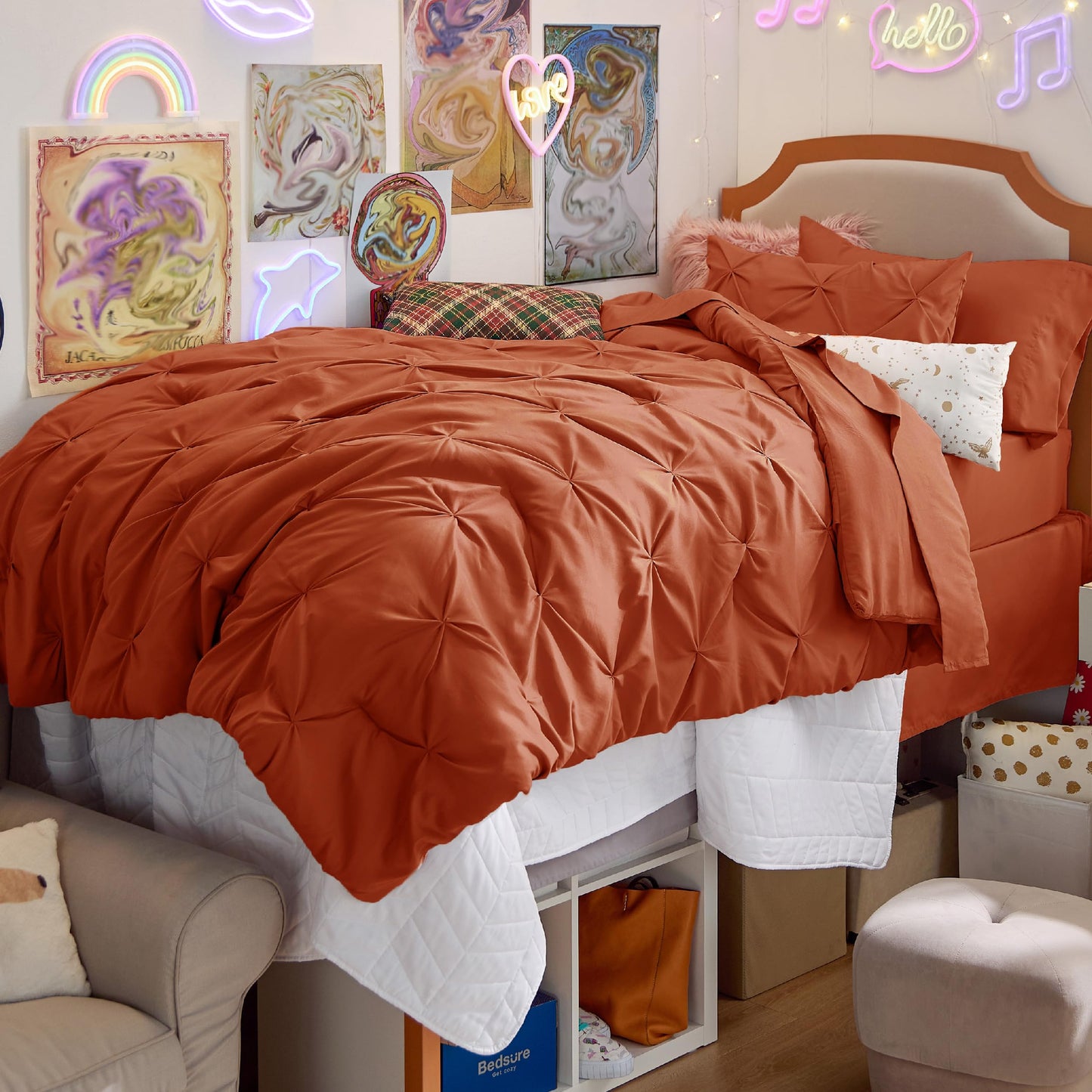 Bedsure Twin Size Comforter Sets - 5 Pieces Pintuck Bed Set Twin Size, Orange Twin Size Bed in a Bag with Comforter, Sheets, Pillowcase & Sham