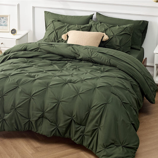 Bedsure Twin Comforter Set with Sheets - 5 Pieces Twin Bedding Sets, Pinch Pleat Olive Green Twin Bed in a Bag with Comforter, Sheets, Pillowcase & Sham