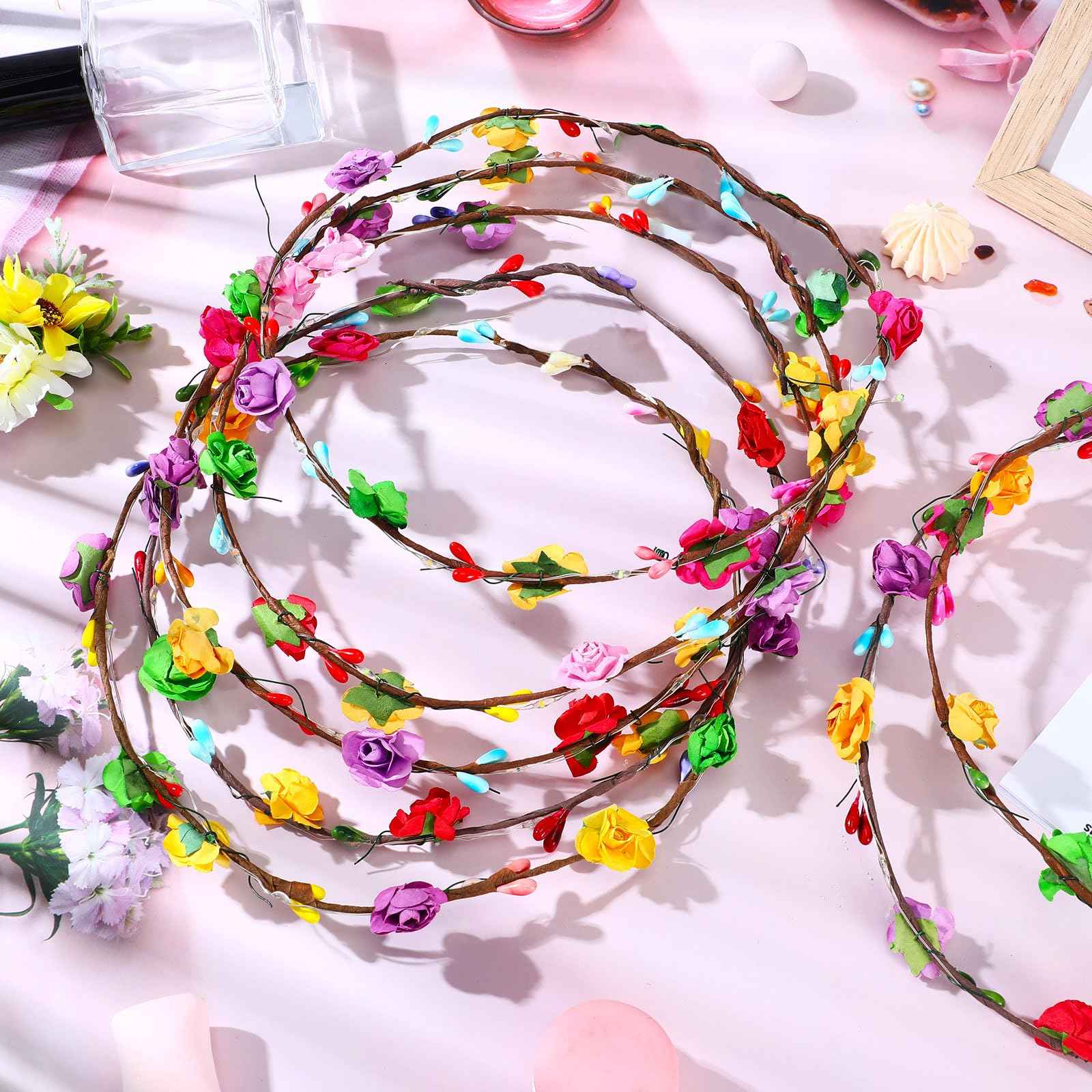 Syhood 40 Pcs LED Flower Headband, Light up Flower Crown Garland Headdress Floral Headpiece for Women Hair Accessories Bridal Shower Holiday Birthday Wedding Party(Plum Blossom Style)