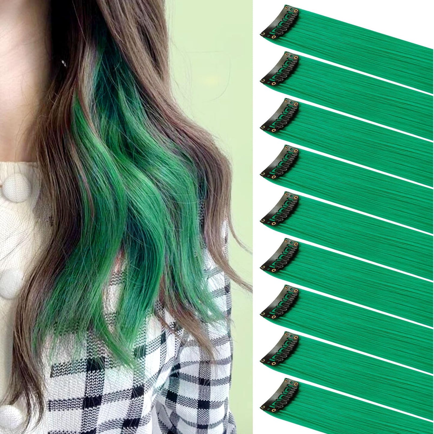 Rhyme 9PCS Princess Party Highlight Green Hairpieces Colored Hair Extensions Clip in/on for Girls and Women Wig Pieces Green Hair Accessories (Green)