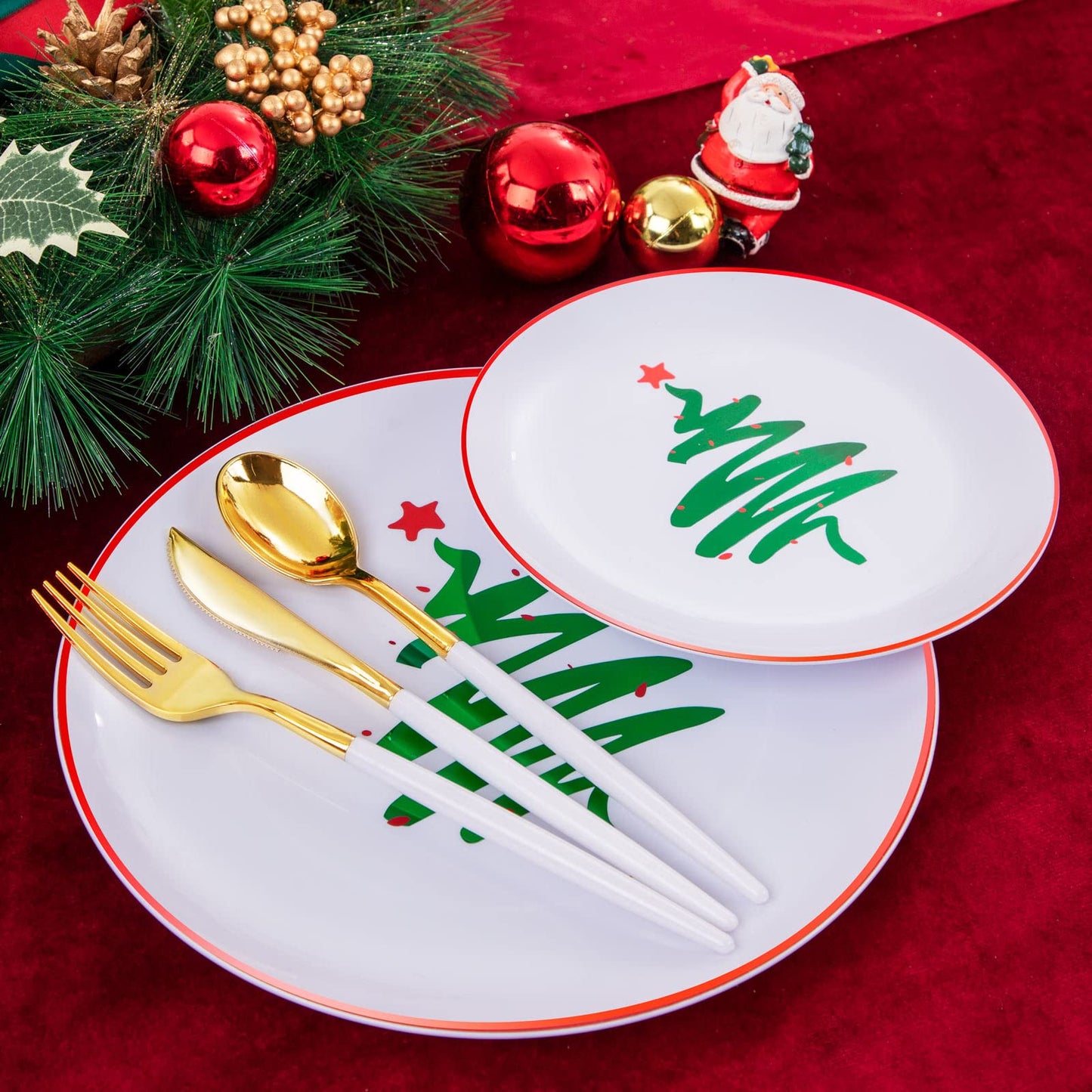 Supernal 180pcs Christmas Dinnerware set,Christmas Tree Plates,Christmas Plastic Plates with Red Rim,Gold Plastic Cutlery with White Handle,Gold Rim Cups,Christmas Party Decoration