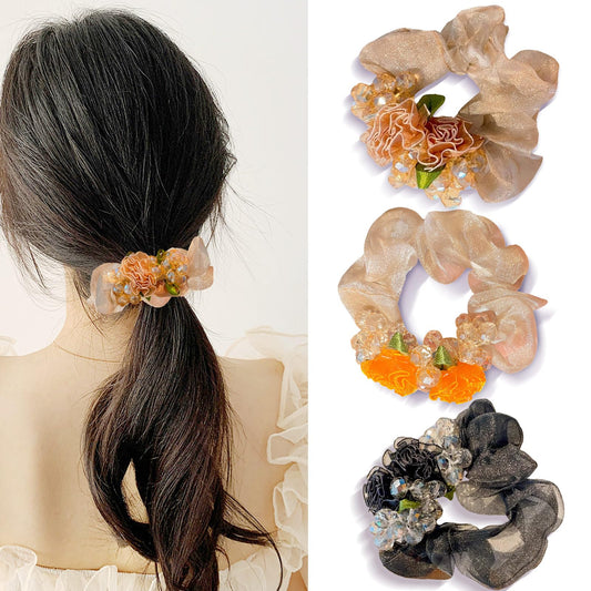 3 Packs Glitter Crystals Flower Hair Scrunchies for Women, Large Stretchy Silk Elastic Hair Ties, Sparkly Bead Ponytail Holders, Floral Headbands Fancy Decorative Accessories for Thick Hair (E#)