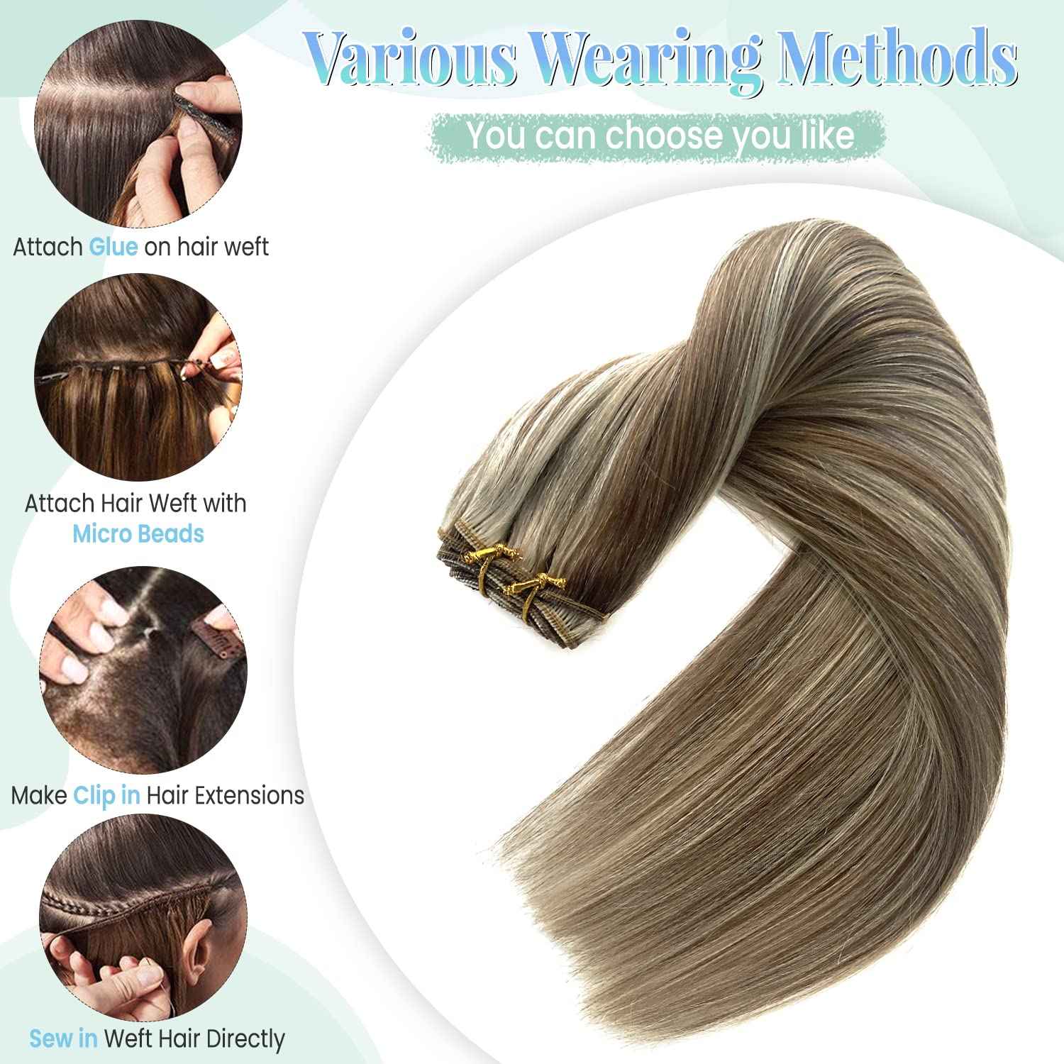 Sew in Hair Extensions Real Human Hair, Weft Hair Extensions Human Hair Bundles 14 Inch 80G Ash Brown and Blonde Balayage Ash Blonde Highlights Hand Tied Weft Hair Extensions Human Hair Weave Bundles