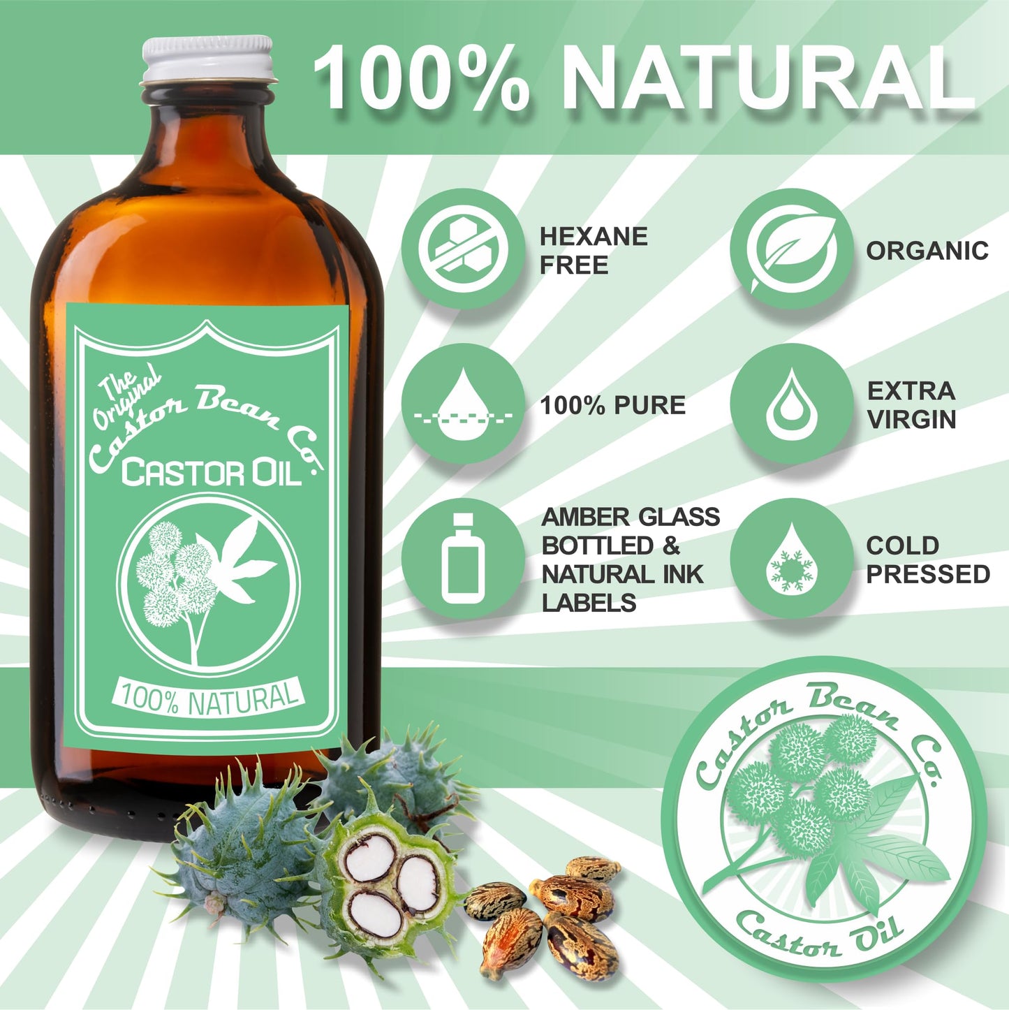 Castor Bean Co. Castor Oil (16oz Glass Bottle) - 100% Pure, Natural, Cold Pressed Castor Oil for Thicker, Fuller Hair, Lashes & Eyebrows - Natural Skin Moisturizer, Hair and Body Oil