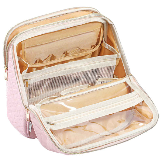 JOYYTUU Makeup Bag, Large Capacity with Room for Brushes and Mirror, Travel Makeup Organizer, Portable Standing Make Up Case, Waterproof Cosmetic Bags with Handle, Color Pink
