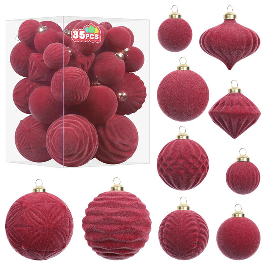 Super Holiday Velvet Christmas Ornaments Set, 35PCS Flocked Shatterproof Assorted Hanging Xmas Tree Ball Decorations, for Home Party Holiday Decor, Burgundy