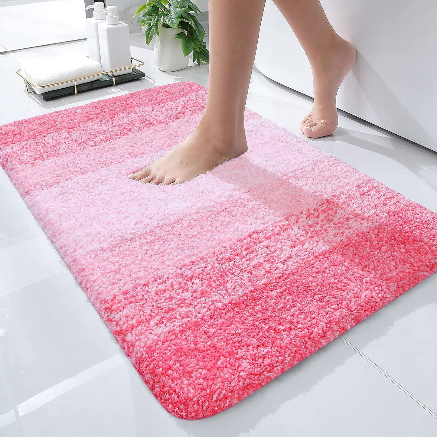 OLANLY Bathroom Rug Mat 24x16, Extra Soft and Absorbent Microfiber Bath Rugs, Non-Slip Plush Shaggy Bath Carpet, Machine Wash Dry, Bath Mats for Bathroom Floor, Tub and Shower, Pink