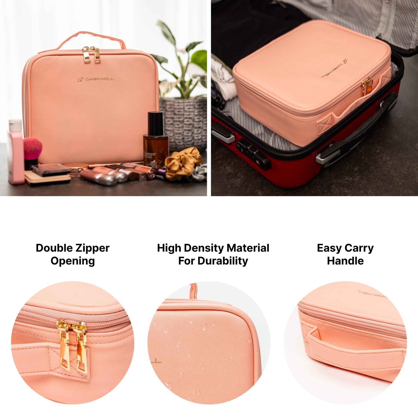 (Not Made In China) Makeup Bag Travel Case, Train Case for Cosmetics, Portable Beauty Organizer, Cosmetic Storage Bag With Adjustable Dividers For Make Up and Brushes