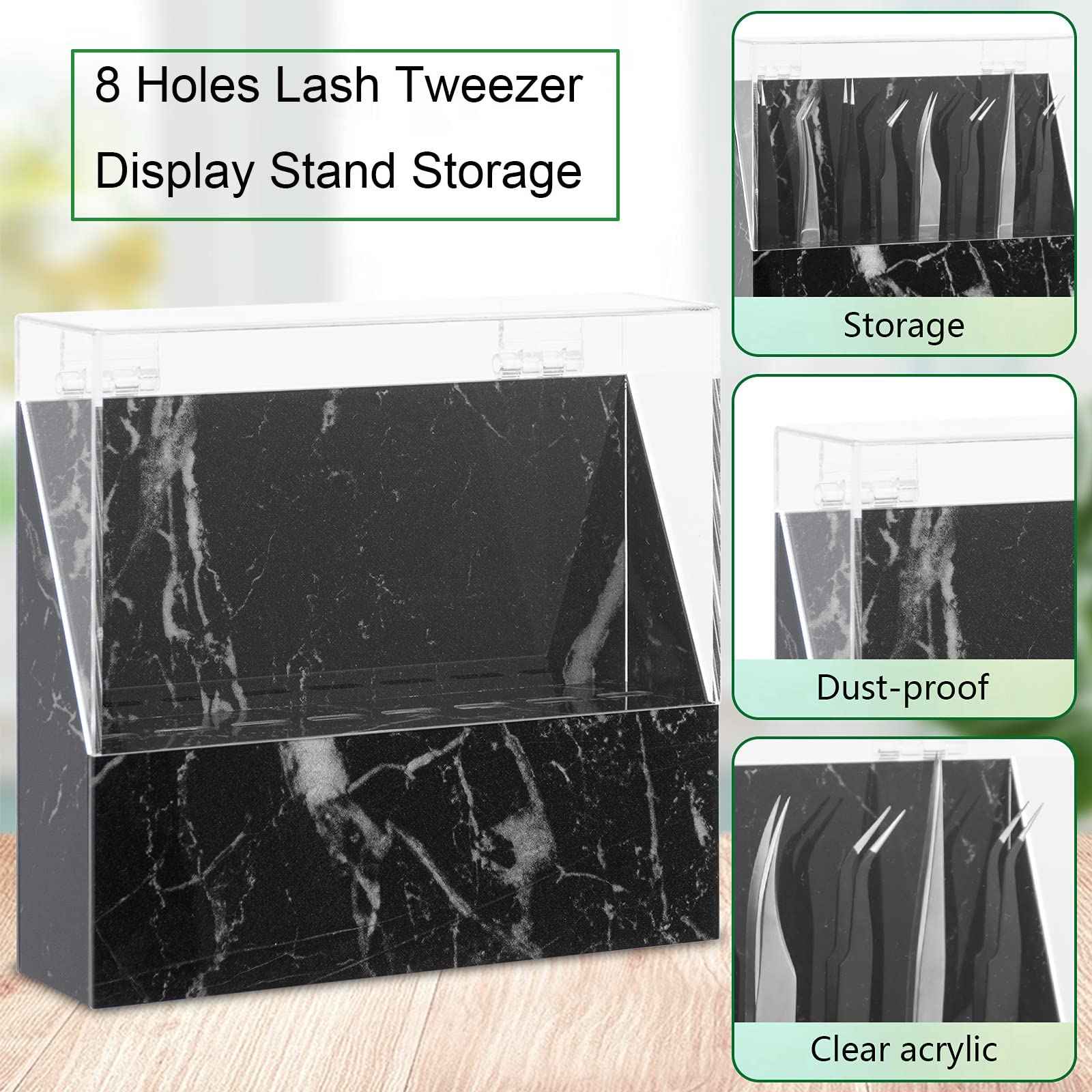 LXIANGN 8 Holes Dust-proof Eyelash Tweezers Holder Case Acrylic Marble Tweezer Stand Display Organizer with Cover for Lash Extensions (black)