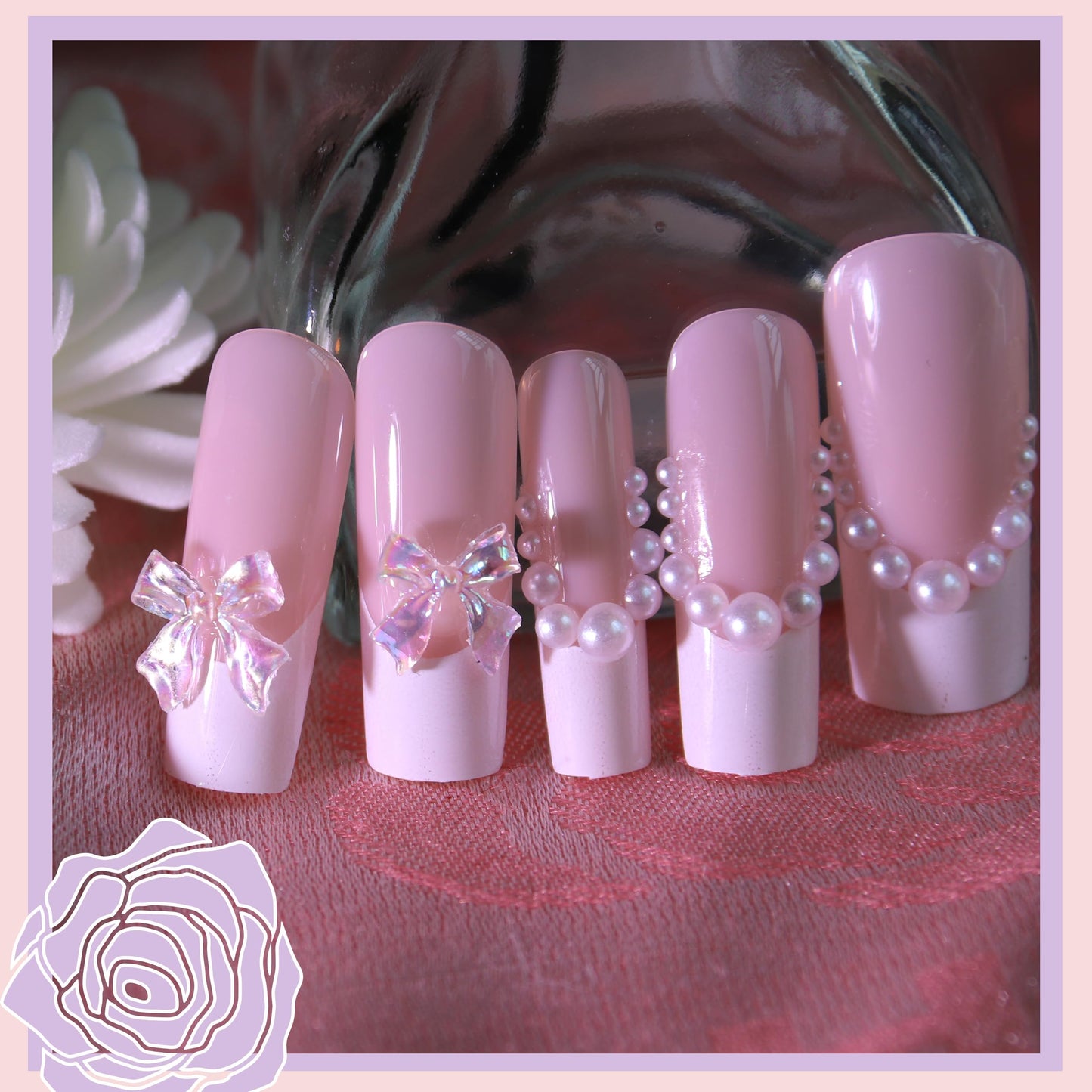 Press on Nails Kit French Tip Nails Press Ones Long Charms Gems Pearl Pink Fake Nails Artificial Coffin Gel Like Glossy 3D Bowknot False Nail Manicure for Women and Girls-24pcs