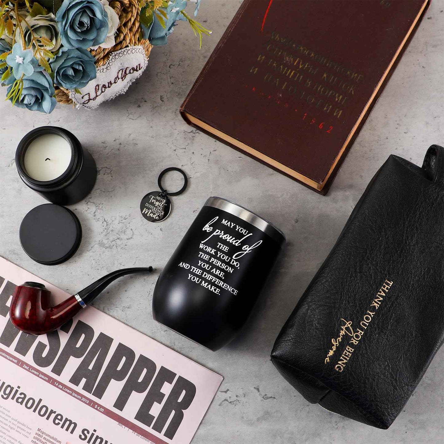Dandat Set of 3 Thank You Gift for Men Christmas Leather Toiletry Bag May You Be Proud of The Work Sign 12oz Stainless Steel Tumbler with Inspirational Keychain for Men Teacher Male Staff(Black)