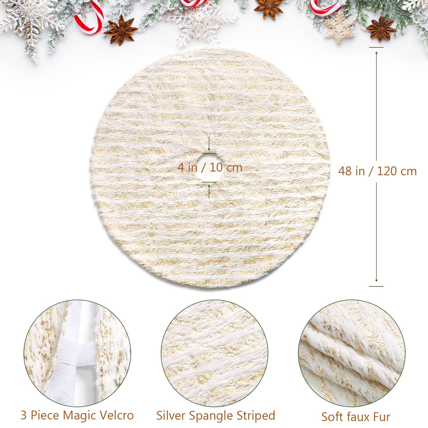 Alynsehom Christmas Tree Skirt, Large White&Gold Bronzing Luxury Faux Fur Tree Skirt Soft Thick Plush Xmas Tree Skirt for Family Holiday Christmas Party Tree Decorations(Gold,48inch/122cm)