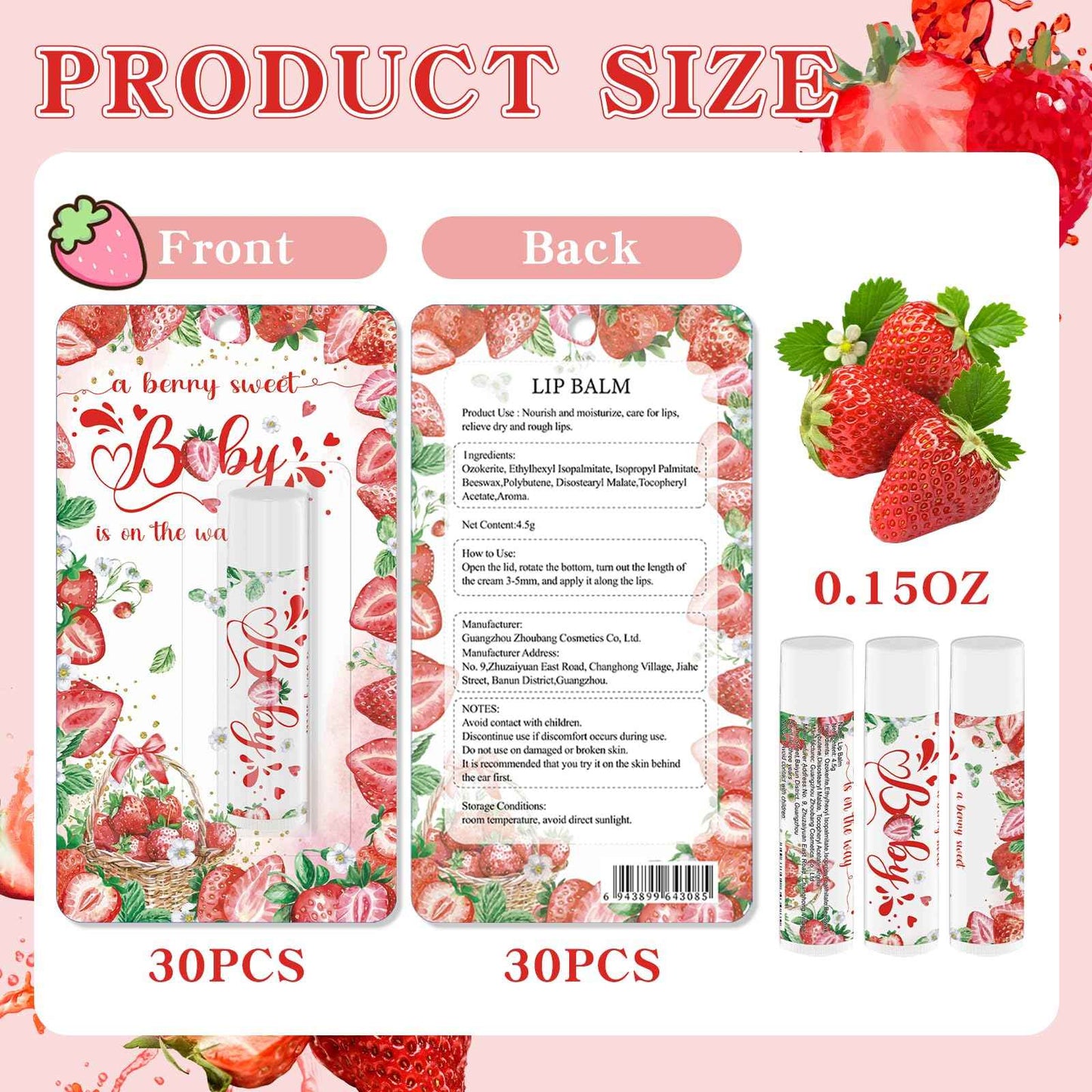 30 Pack Strawberry Baby Shower Games Lip Balms Bulk Games Prizes Party Gifts for Guests Friends Gender Reveal Favors Decorations Souvenirs Baby Thanksgiving Christmas Gift Bags Stuffers(Strawberry)