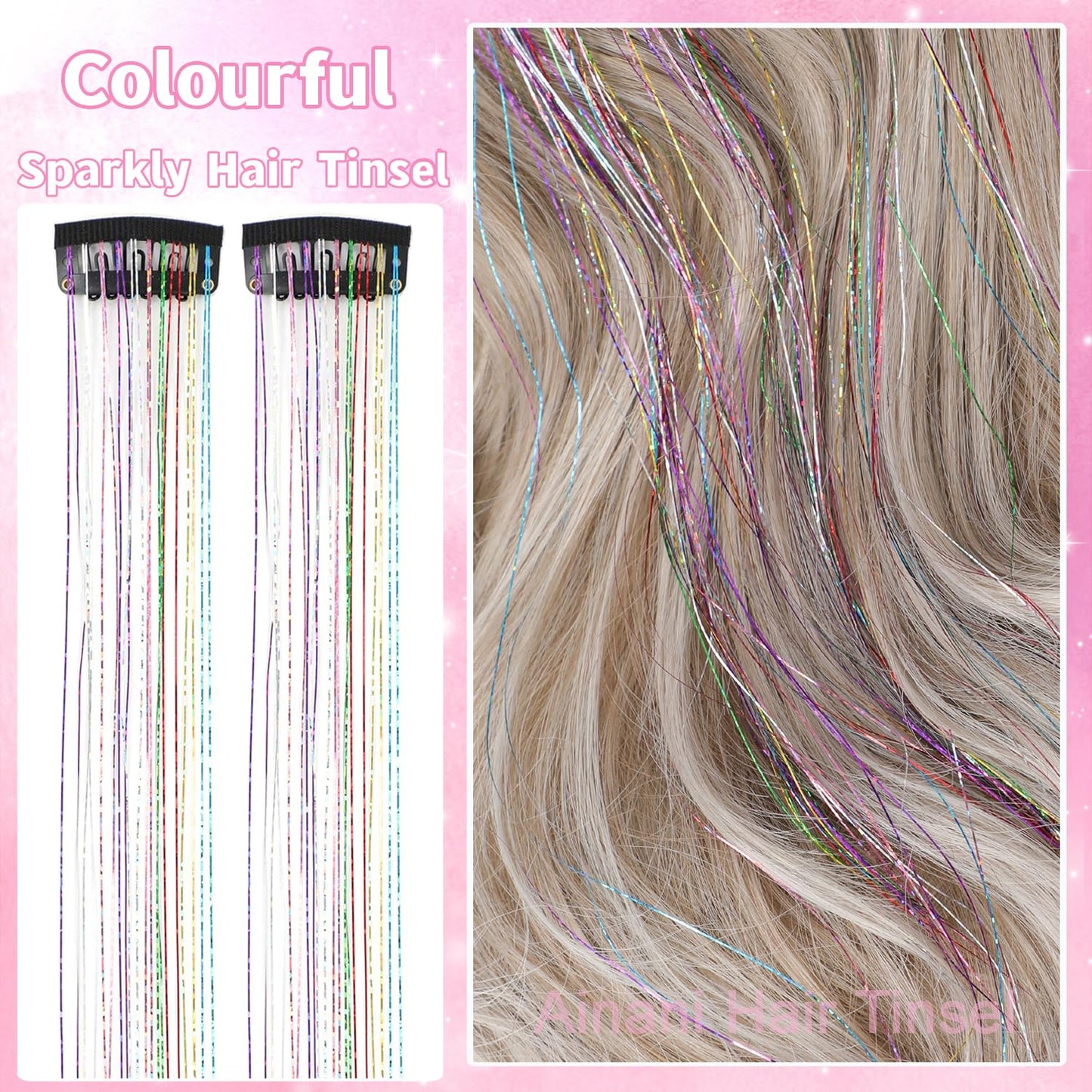 Ainani 12Pcs Hair Tinsel Clip in Glitter Tinsel Hair Extensions Heat Resistant 20Inch Fairy Hair Clip in Hair Tinsel Sparkly Hair Accessories for Girls Women Kids (Colorful 12PCS)