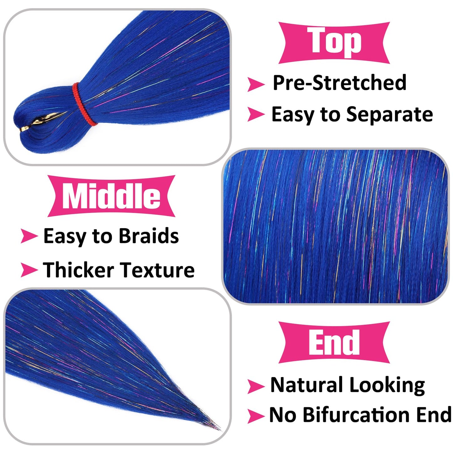 Unionbeauty 2 Packs 26 Inch Blue Pre Stretched Braiding Hair with Tinsel Shinny Kanekalon Box Braids for Boho Box Braids Yaki Texture Crochet Braids Easy Braid Hair Extensions Synthetic Crochet Hair