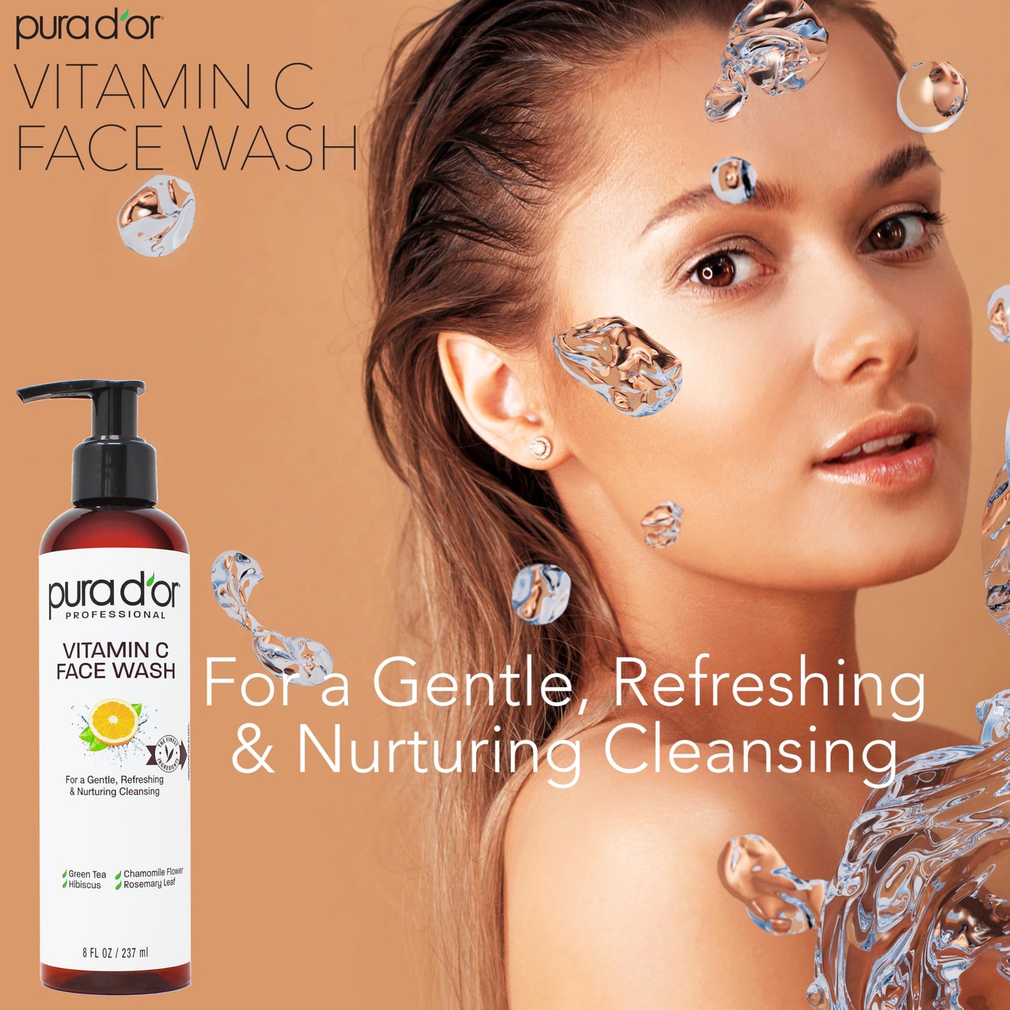 PURA D'OR Vitamin C Face Wash (8oz x2 = 16oz) Antioxidant Rich Brightening Facial Cleanser For Radiant Glow & Even Skin Tone - Gentle, Refreshing, Nurturing, Hydrating, Sulfate & Paraben Free Formula