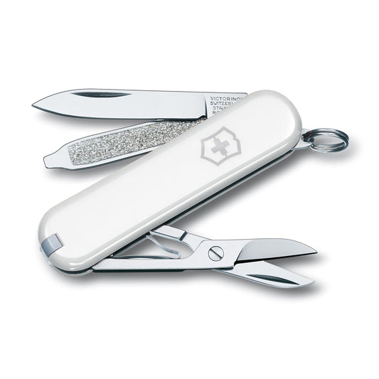 Victorinox Classic SD Swiss Army Knife, Compact, 7 Functions, Swiss Made Pocket Knife with Small Blade, Screwdriver and Key Ring - Falling Snow (White)