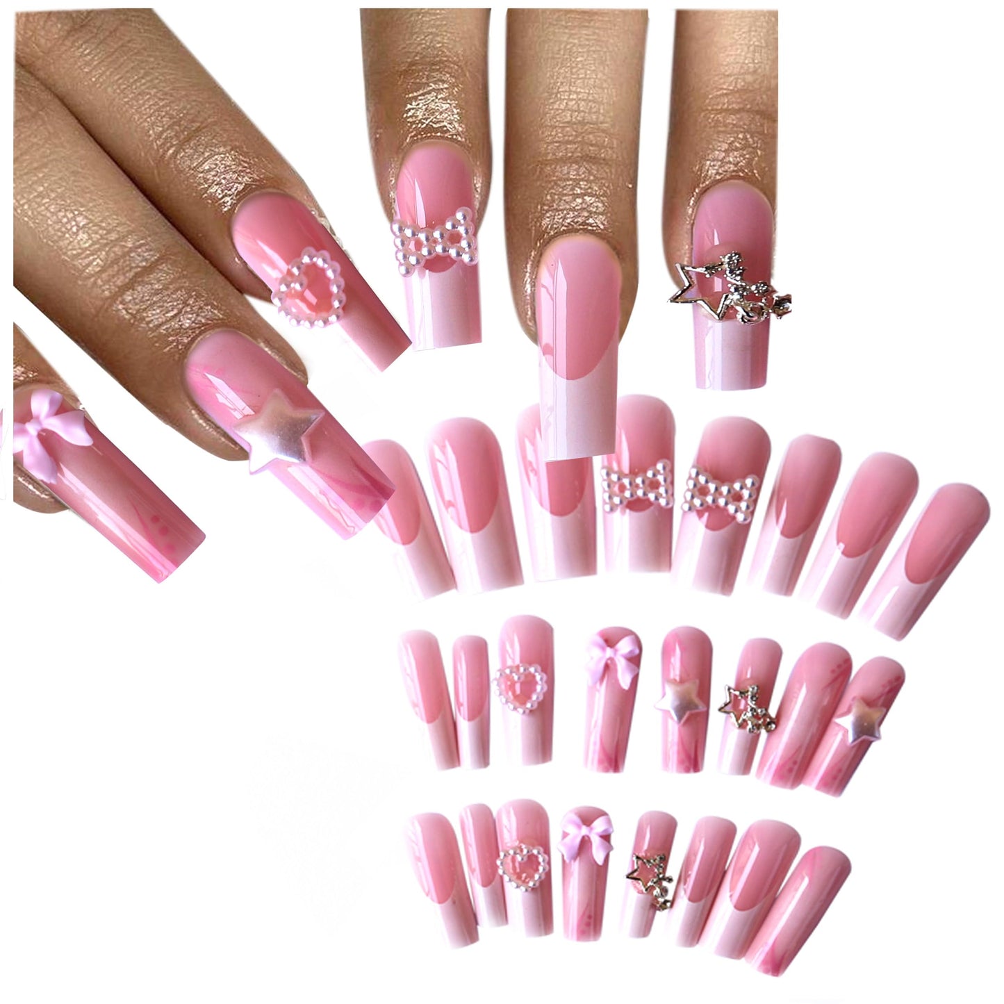 Pink Press on Nails Kit French Tip Nails Press Ones Charms Gems Star Pearl Long Rhinestone Pearl Fake Nails Artificial Coffin Gel Like Glossy 3D Bowknot False Nail Manicure for Women and Girls