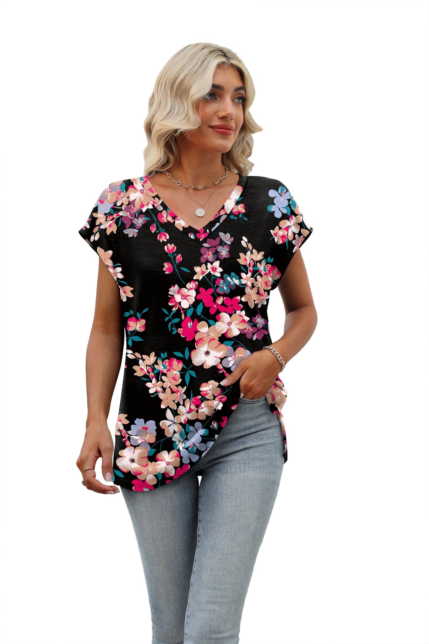 Tshirts Shirts for Women Floral Vacation Summer Tops Short Sleeve Blouses Print Black Floral S