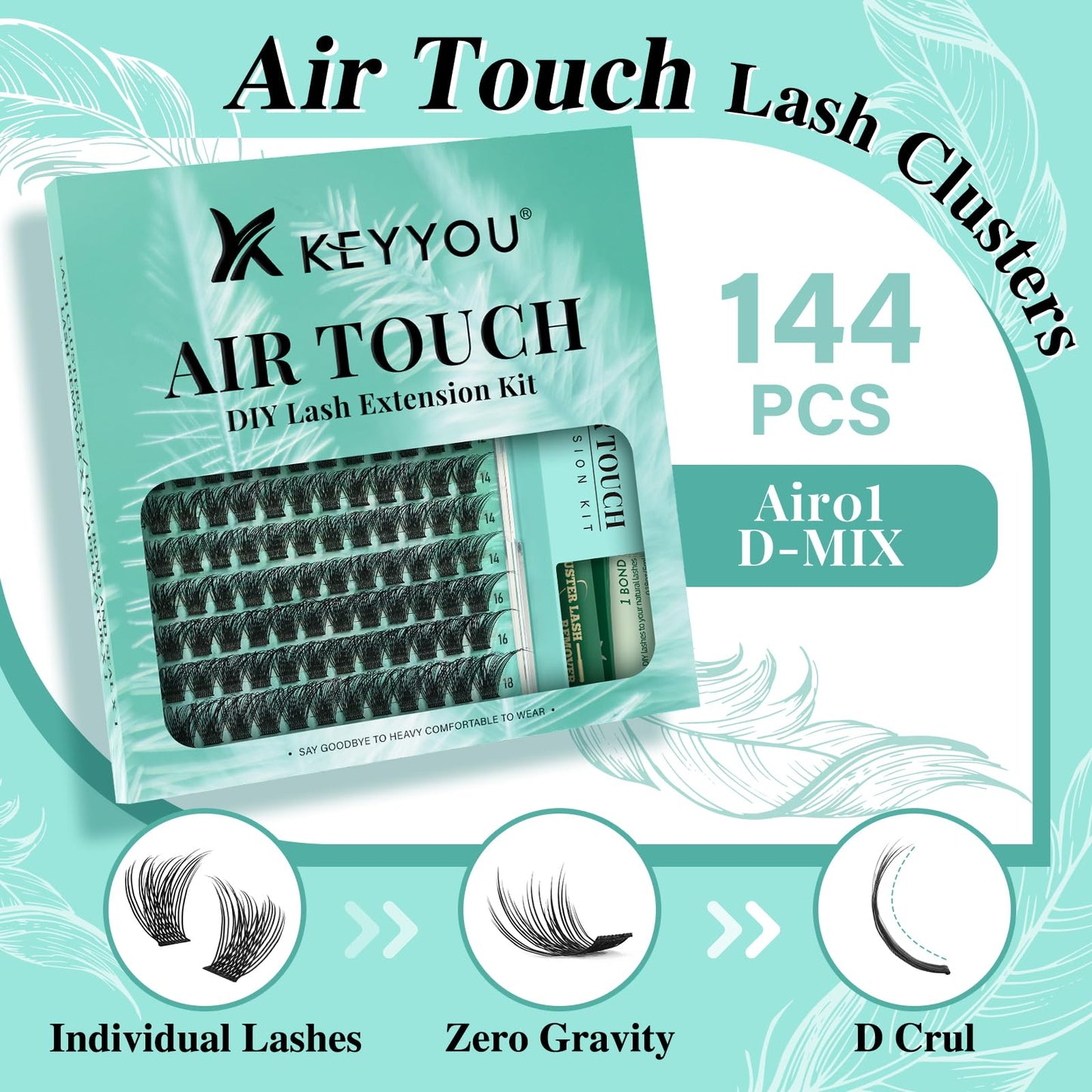 KEYYOU Lash Extension Kit 144pcs Air Touch Lash Clusters with Bond and Seal Lash Applicator Remover D Curl DIY Eyelash Extension Kit Easy to Apply at Home(Air01Kit-D-8-18Mix)