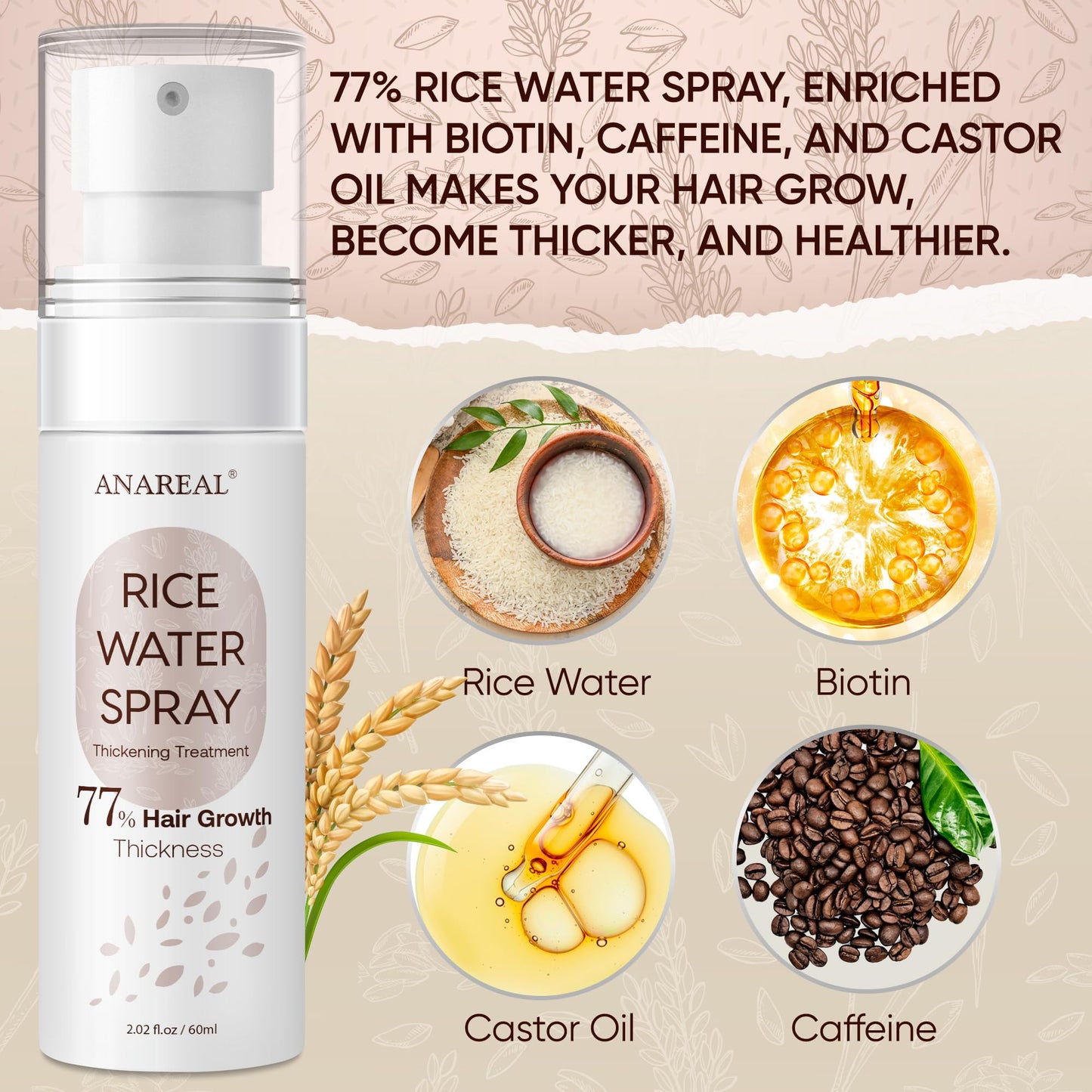 Rice Water for Hair Growth, Hair Growth Serum Women, Rice Water, Rice Water Spray, Rice Water for Hair, Rice Water Spray that can be used with Rice Water Shampoo and Conditioner, 60ml