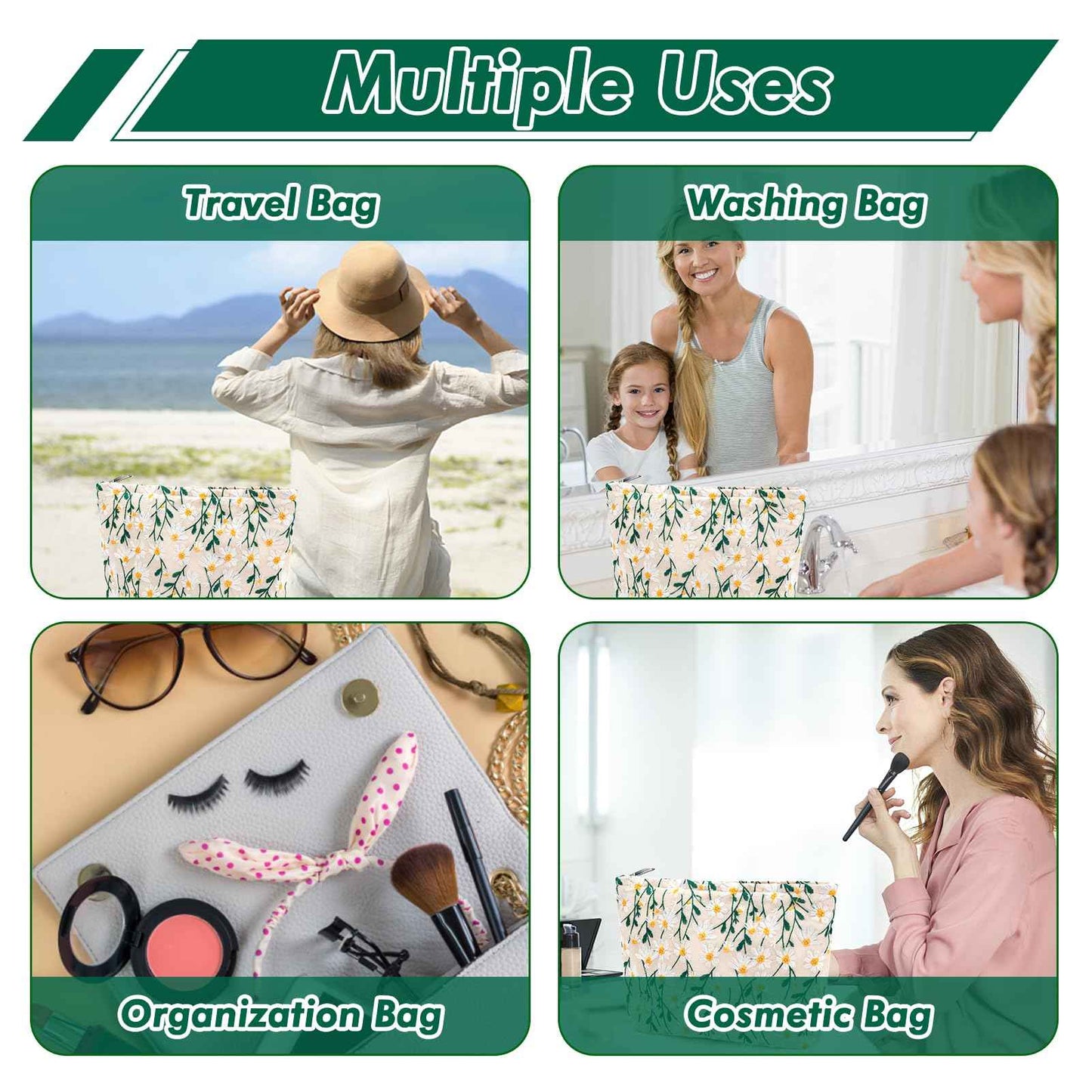 URSKYTOUS Flower Makeup Bag Travel Daisy Floral Cosmetic Bag for Women Cute Makeup Pouch Zipper Cosmetic Pouch for Purse Jacquard Aesthetic Floral Skincare Bag Portable Travel Toiletry Bag Organizer