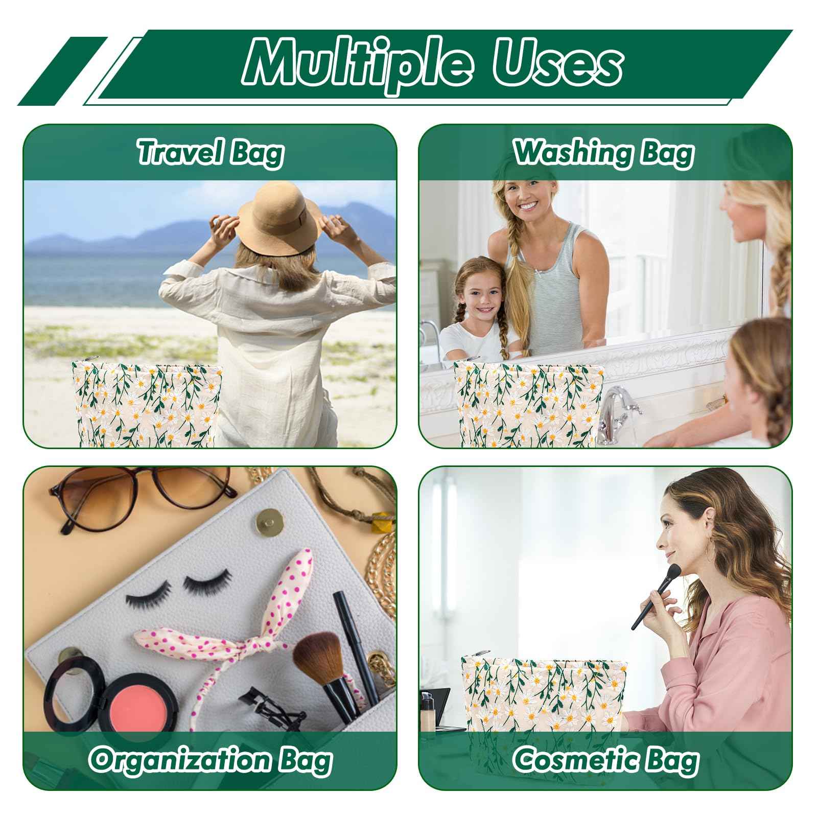 URSKYTOUS Flower Makeup Bag Travel Daisy Floral Cosmetic Bag for Women Cute Makeup Pouch Zipper Cosmetic Pouch for Purse Jacquard Aesthetic Floral Skincare Bag Portable Travel Toiletry Bag Organizer