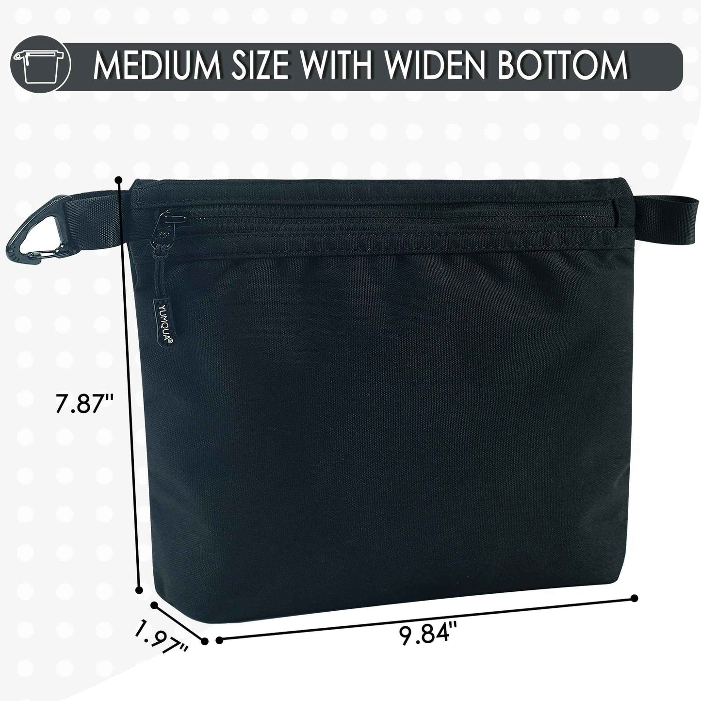 YUMQUA Small Pouch for Travel Essentials, Makeup Pouch Bag with Carabiner Clip on Backpack Dopp Kit Storage Organization for Toiletries, Cosmetics, Tech, Tools, Water Resistant 500D Nylon (Black)