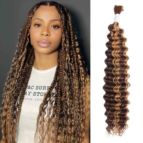 AUROO Braiding Hair P4/27 Honey Blonde Highlight Deep Wave Bulk Human Hair For Braiding 100g, 12A No Weft Virgin Ombre Brown Bundles Wet n Wavy Curly Micro Braiding Hair For Boho Knotless Braids 16 in