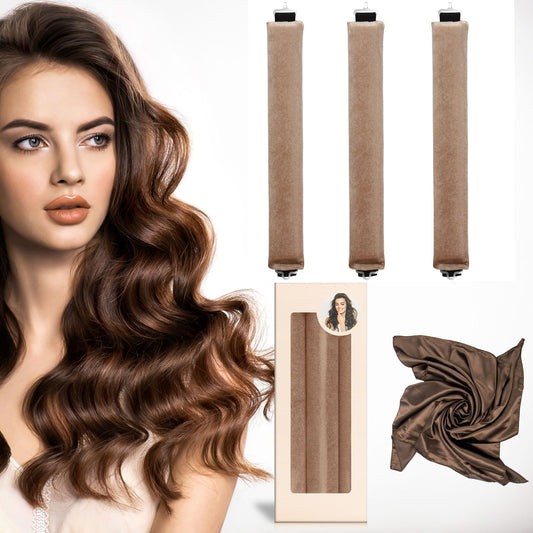 Heatless Hair Curler Set for Women, Overnight Curls with Jumbo No Heat Rollers, Headscarf and Hook for Long Hair (Khaki, 3 Packs)