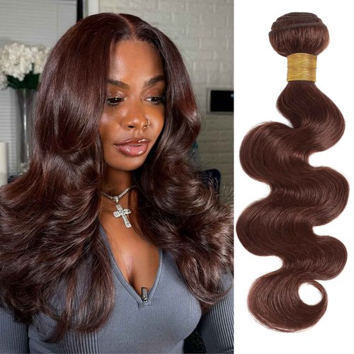 ALHER Color #4 Chocolate Brown Single Bundle Human Hair Body Wave, 12A Dark Brown Human Hair, 100% Unprocessed Brazilian Virgin Remy Hair Soft Thick Single Wavy Bundle Sew In Double Weft 14 IN