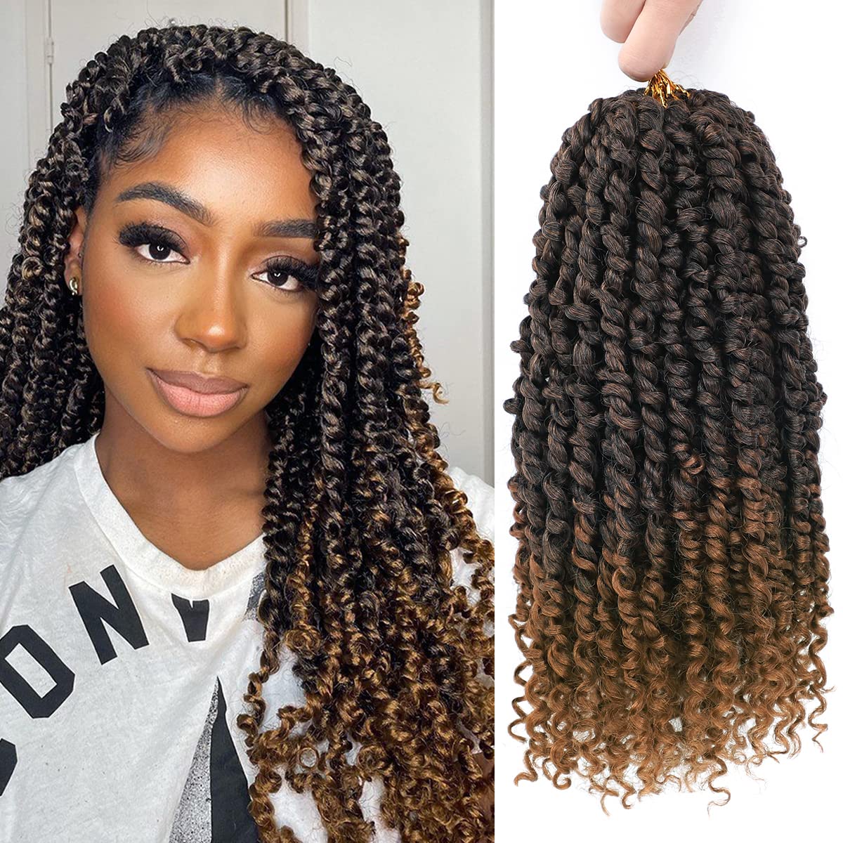 Nice One 8 Packs Ombre Brown Pre-Looped Passion Twists Braiding Synthetic Hair 12 Inch, Pre-Twisted, Short Crochet Passion Twist Hair Extensions for Women (12inch,T30#)