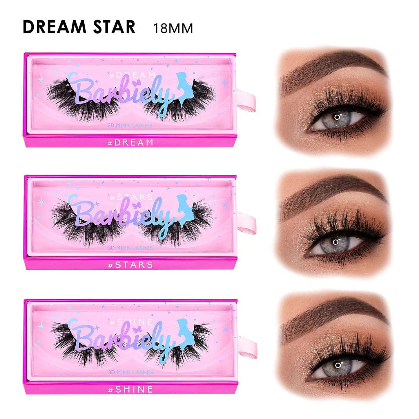 Barbiely 3D Mink Lashes, 18mm Real Mink Lashes, 3 Pairs Fluffy Dramatic False Eyelashes, 100% HandMade 6D Wispy Long Thick Full Volume Strip Eye Lashes, Cruelty Free, Luxury Makeup(Dream Star)