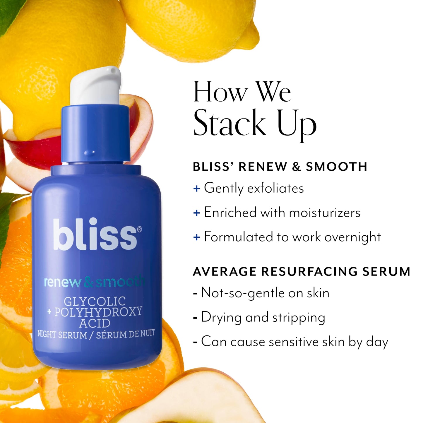 Bliss Renew & Smooth Night Face Serum | Resurfacing Treatment with Glycolic Acid and AHA Glycolic + Polyhydroxy Acid | for Smoother, Brighter Skin | Vegan & Cruelty-Free Exfoliating Serum | 1 Fl Oz