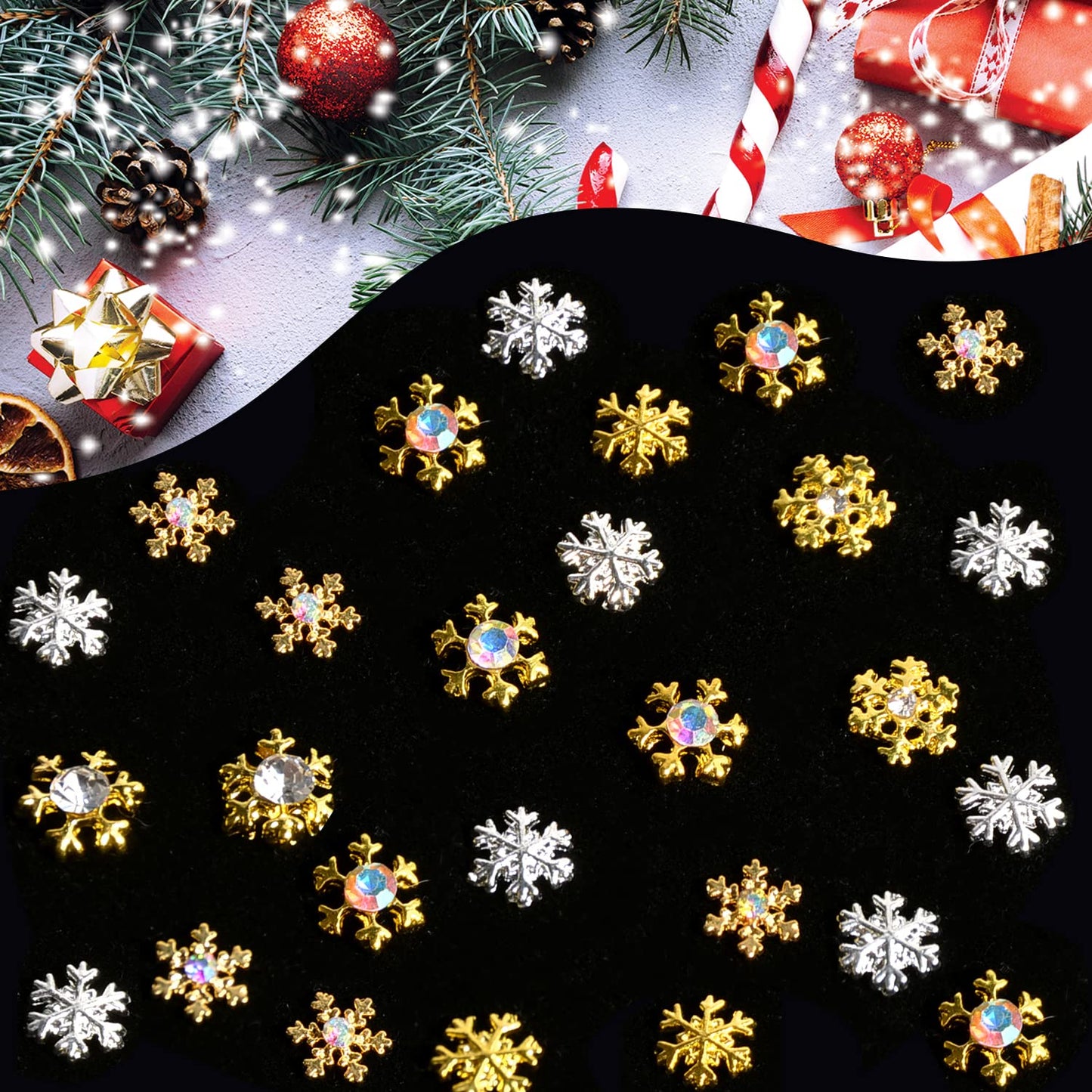 60PCS 3D Christmas Nail Charms, Christmas Snowflake 3D Nail Rhinestones AB Diamond Gems Alloy Winter Snowflake Charms Nail Art Decoration Supplies for DIY Nails Jewelry Craft