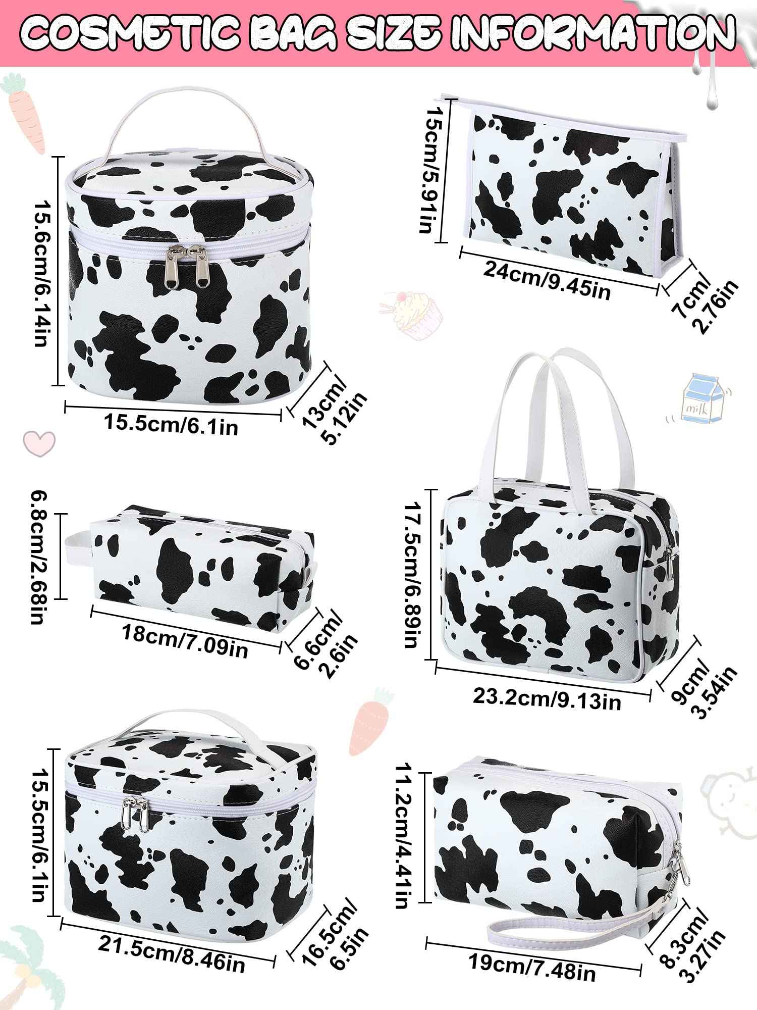 6 Pieces Makeup Bag Set Travel Cosmetic Bag Cow Print Toiletry Pouch Gifts for Women Organizer with zipper Portable Cute Make up Case PU Leather Washable Waterproof
